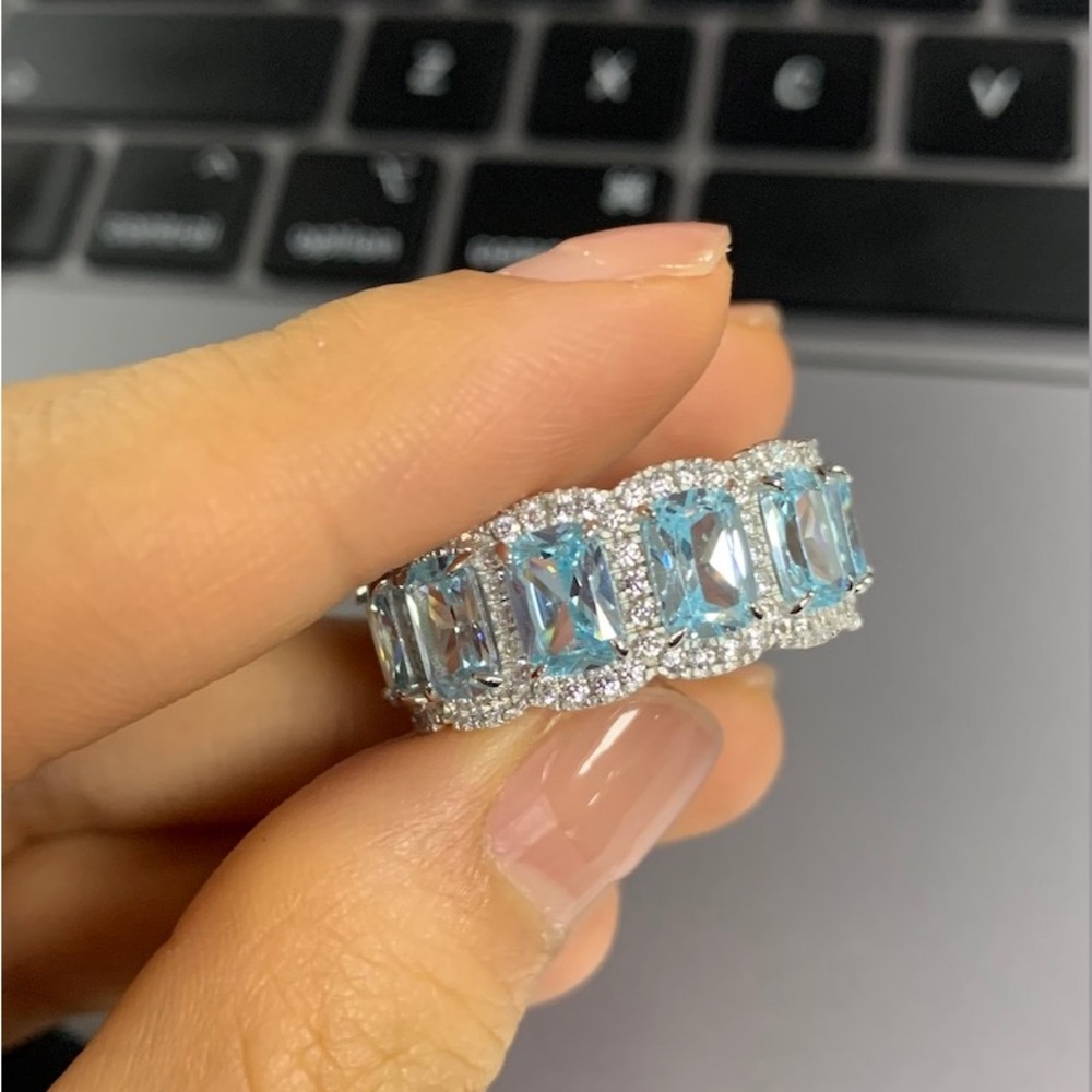Aquamarine Ring Cushion Cut Eternity Wedding Band For Women 925 Sterling Silver - Picture 9 of 9